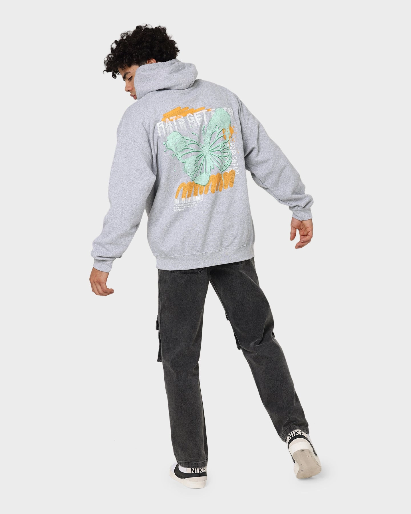 Taped Neckline Seams Rats Get Fat Spray Butterfly Hoodie Grey