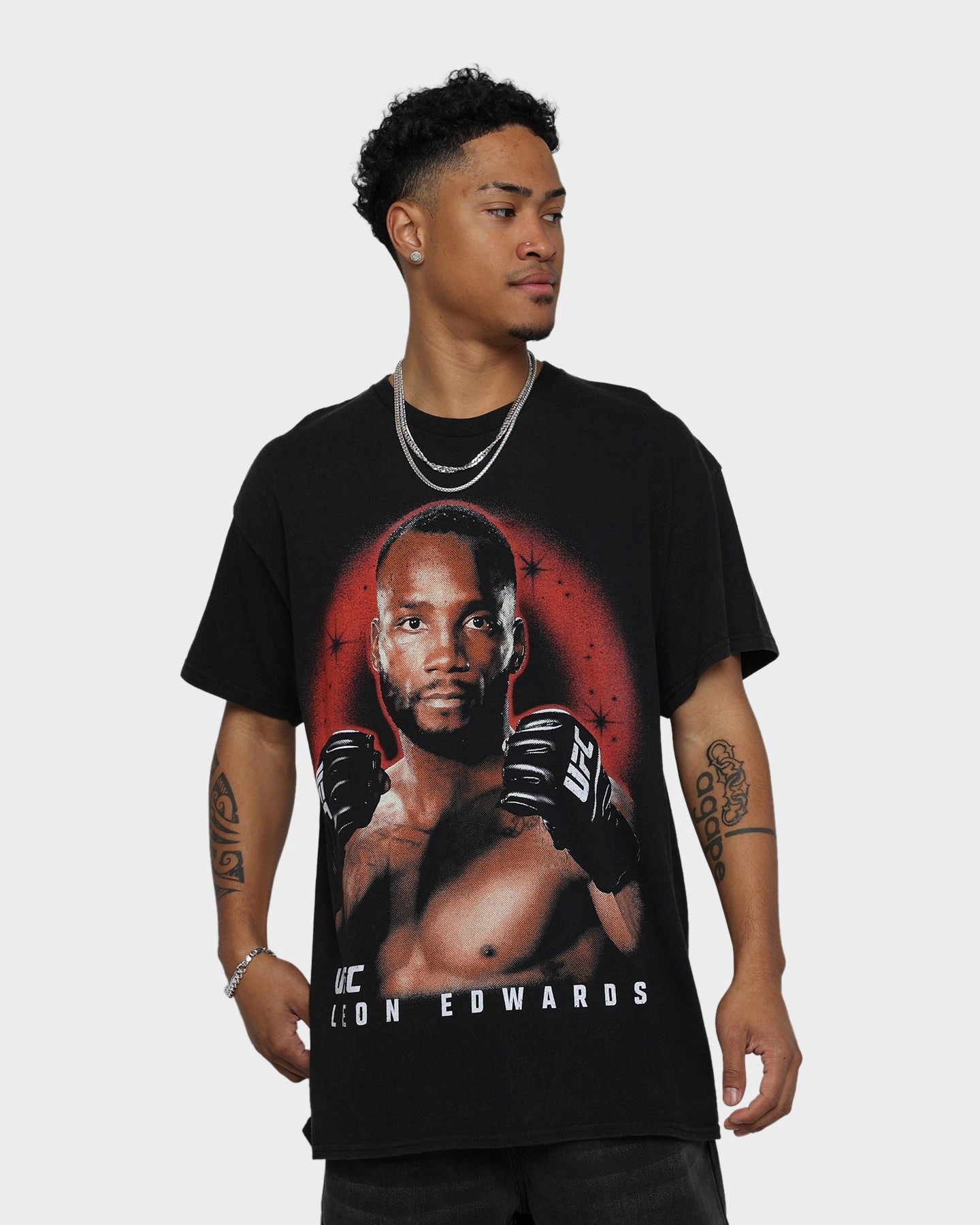 UFC By Goat Crew Leon Edwards Vintage T-Shirt Black Wash Durable Ribbed Hem