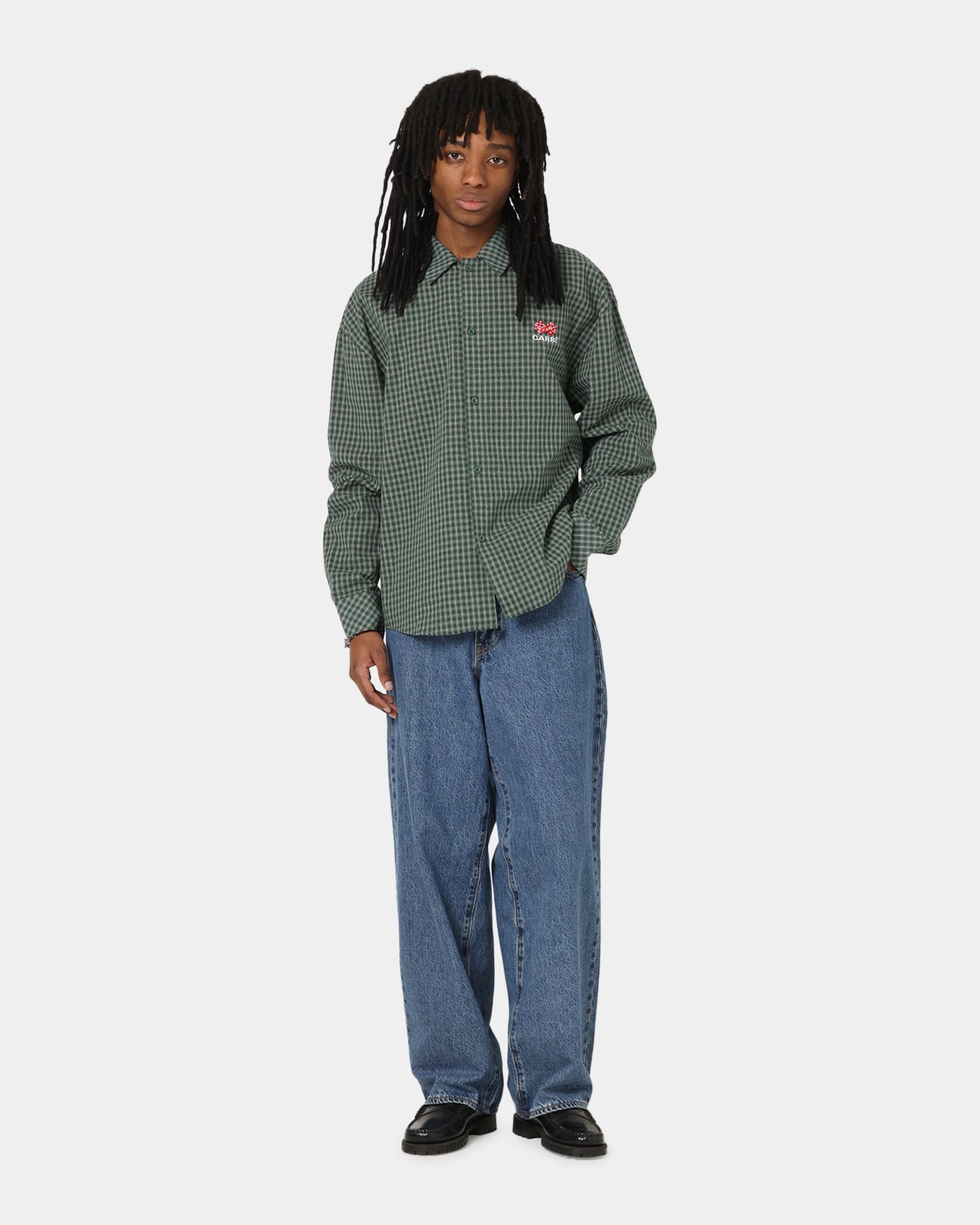 Carre Motion Long Sleeve Button Up Shirt Green Check Sustainable Material Asymmetrical Cut