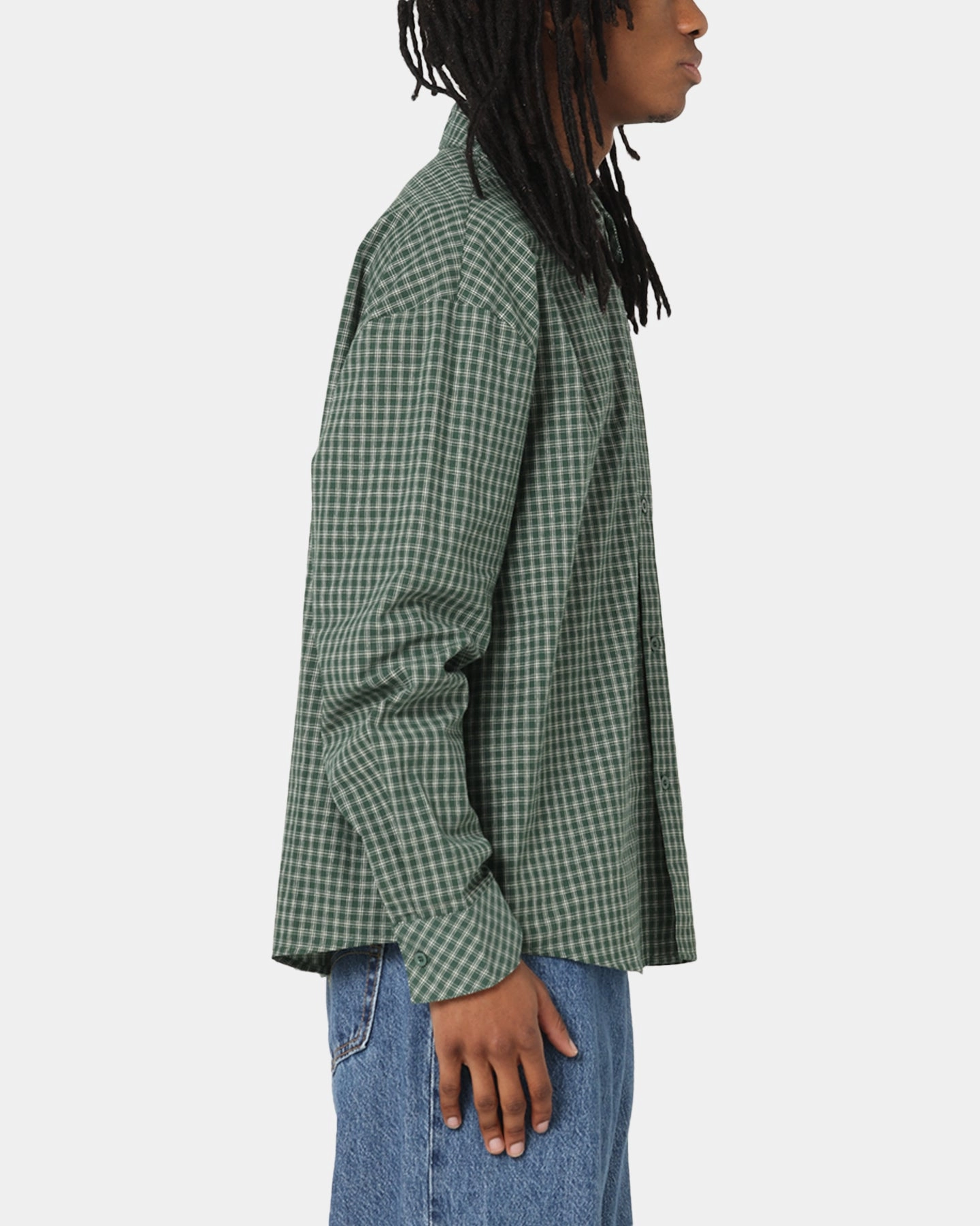 Carre Motion Long Sleeve Button Up Shirt Green Check Cultural Inspired Quick Release Placket