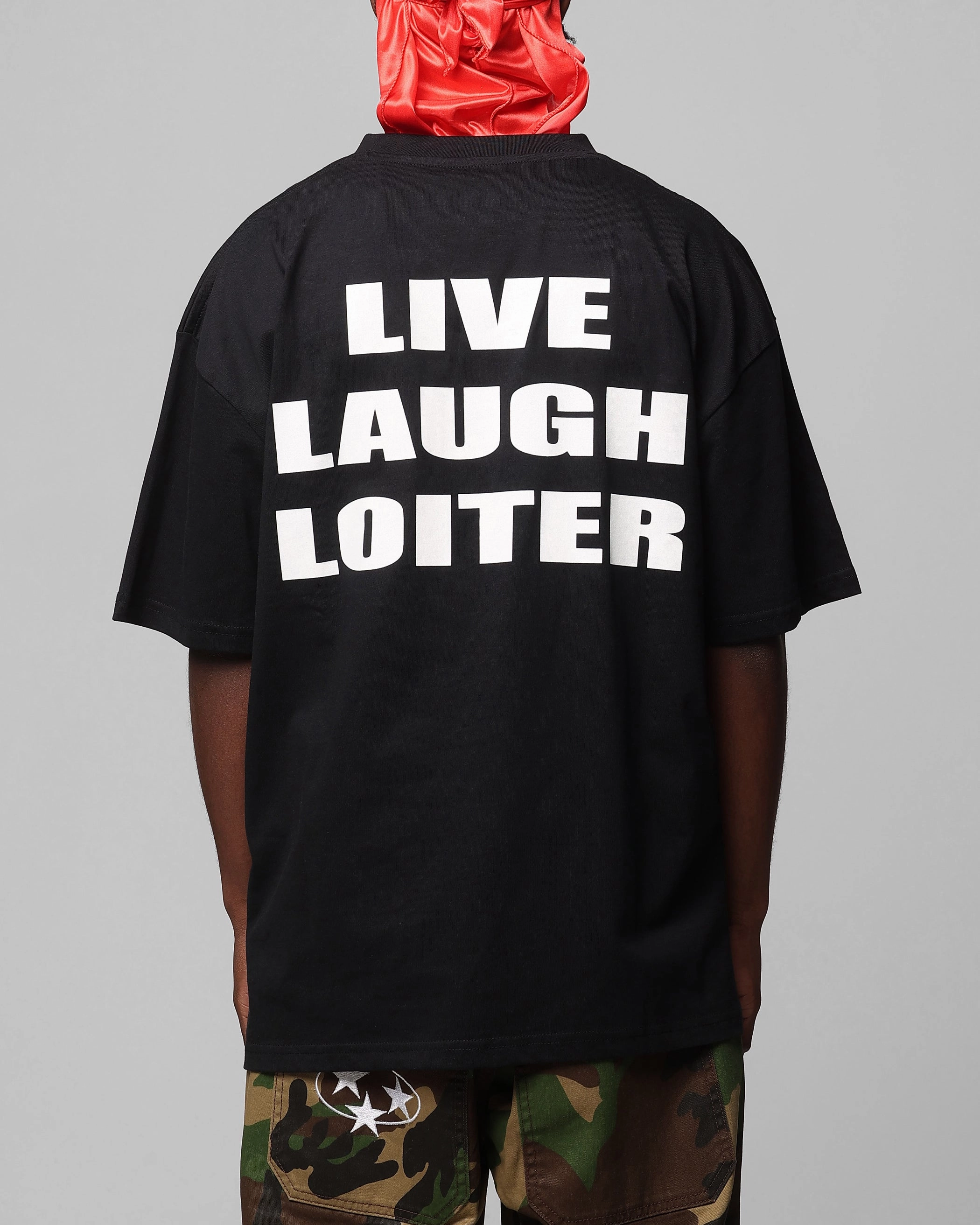 Garment Washed Texture No Shrink Technology Loiter Live Laugh Love Drop T-Shirt Black