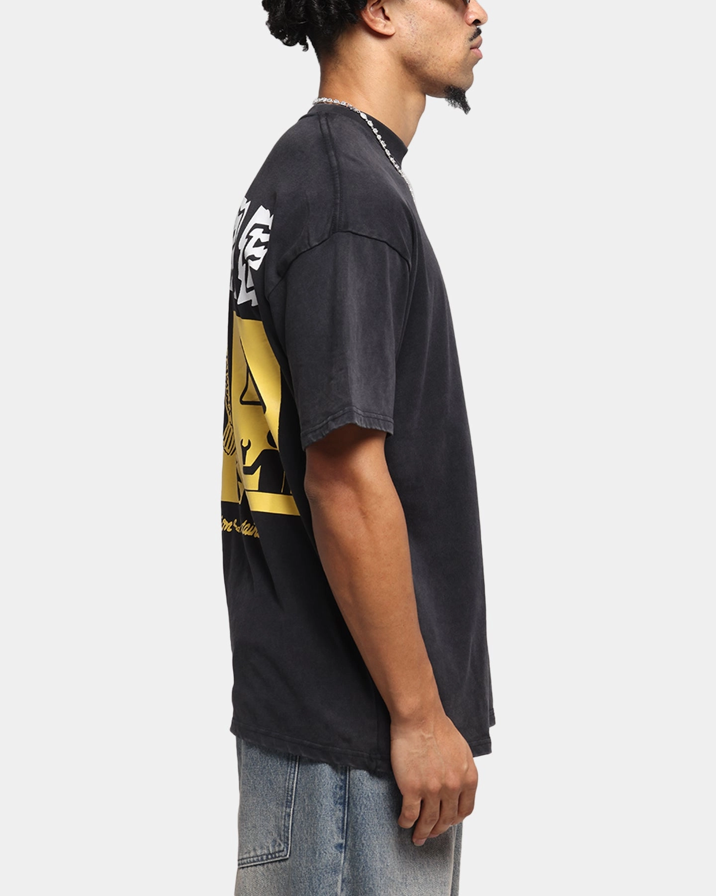 Wide Neck Opening Carre Construction T-Shirt Black Acidwash