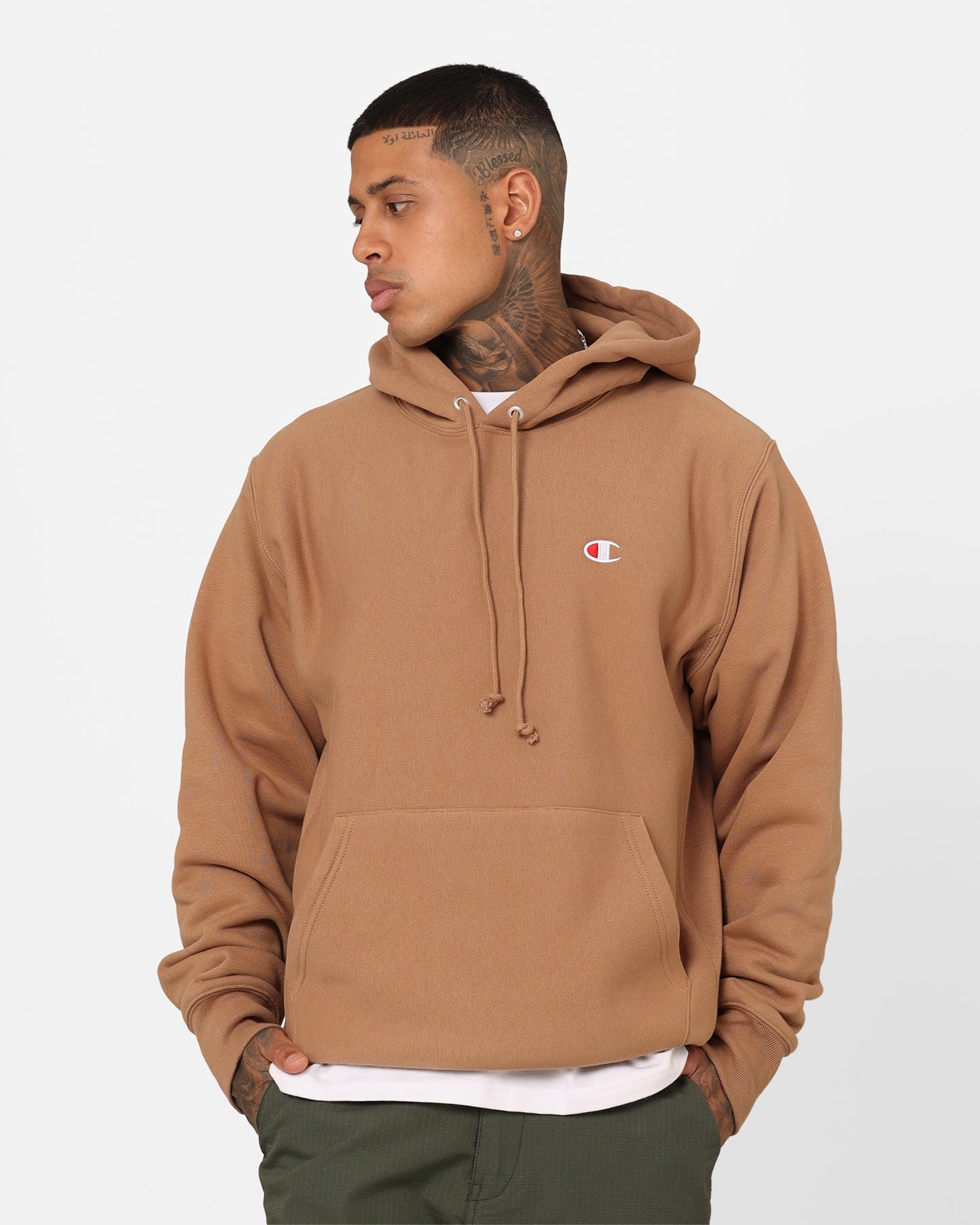 Champion Reverse Weave Small C Hoodie Contour Blush Slide Adjustable Waist Tabs