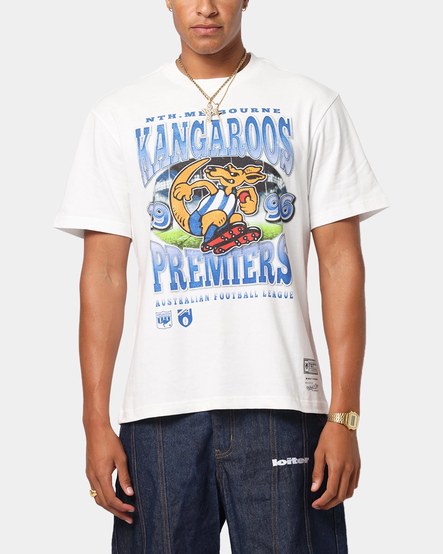 Mitchell & Ness North Melbourne Kangaroos Mascot T-Shirt Vintage White Bohemian style Relaxing Day