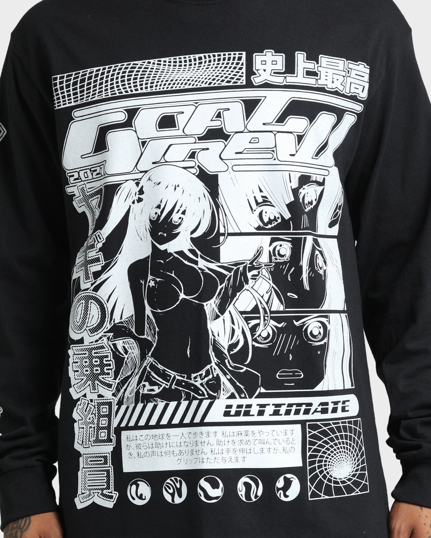 Goat Crew Anime Long Sleeve T-Shirt Black Wrinkle Free Fabric Casual Comfort Layer