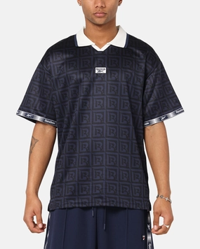 Ribbed Collar Style Lightweight Fabric Reebok Monogram Football Polo T-Shirt Navy