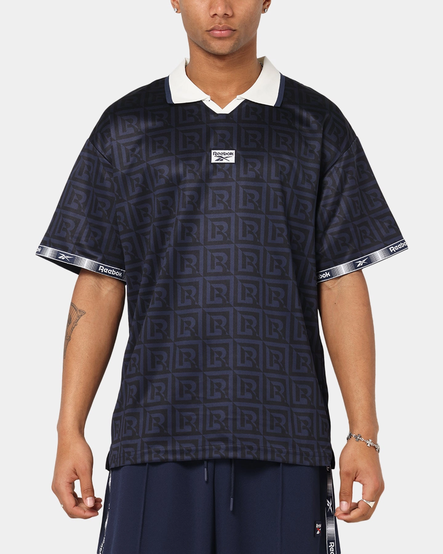 Ribbed Collar Style Lightweight Fabric Reebok Monogram Football Polo T-Shirt Navy