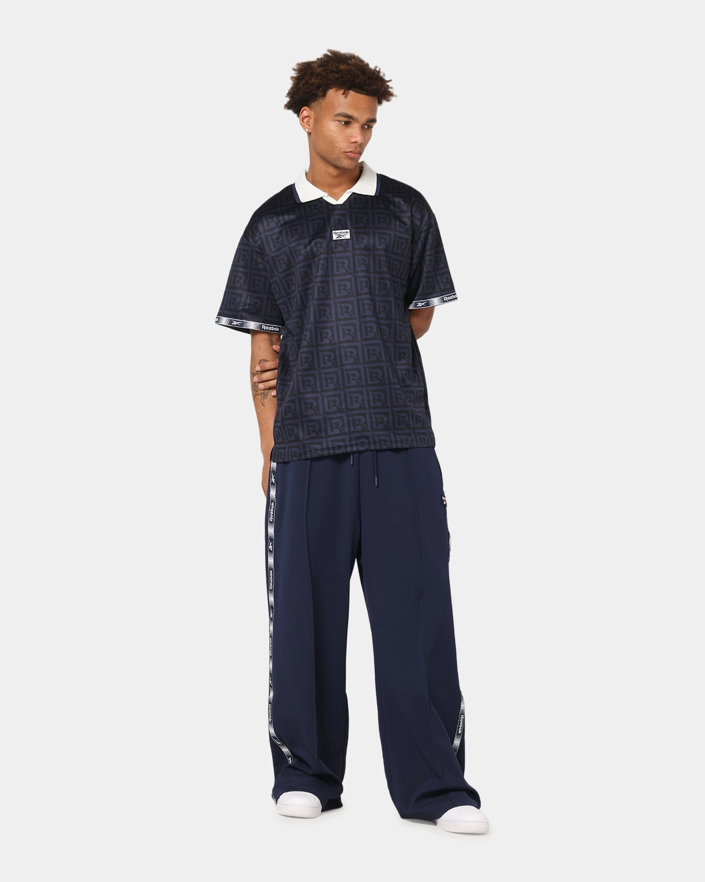 Reebok Monogram Football Polo T-Shirt Navy Thermal Regulating Fabric