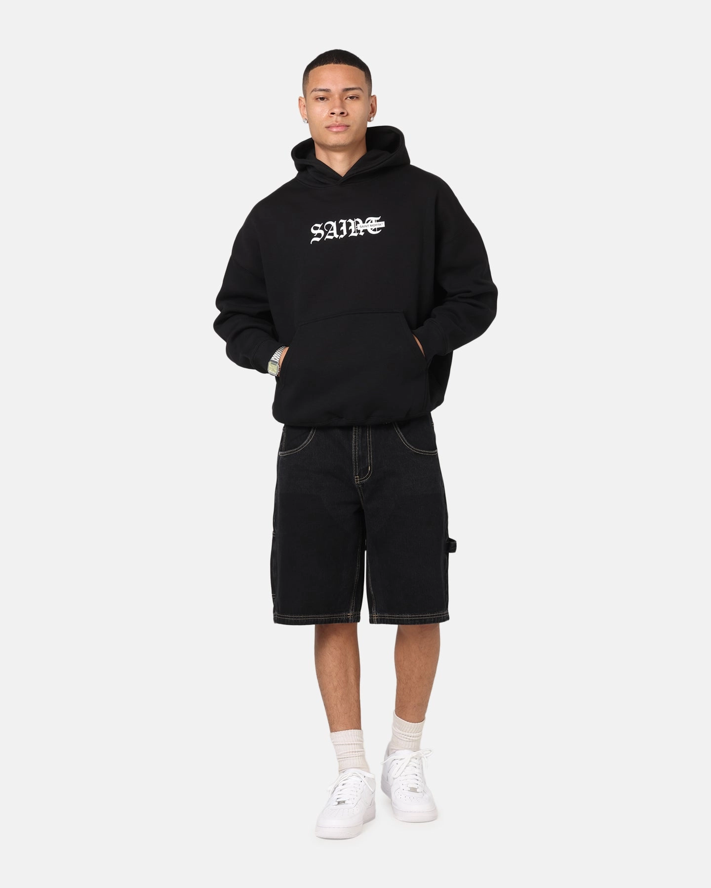 Bright Color Saint Morta Gothic Stack Boxy Hoodie Black