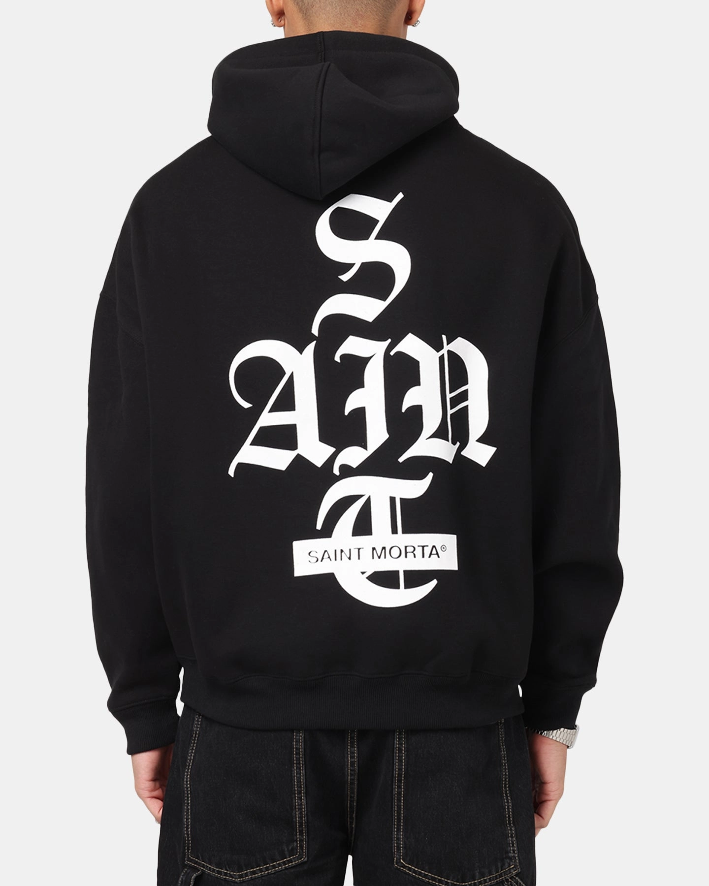 Saint Morta Gothic Stack Boxy Hoodie Black Space - exploration - supportive Ventilated Back Panels