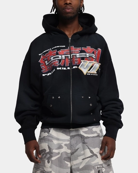 Loiter Fighter Zip Up Hoodie Washed Black Windproof Closure Winter Outer Layer