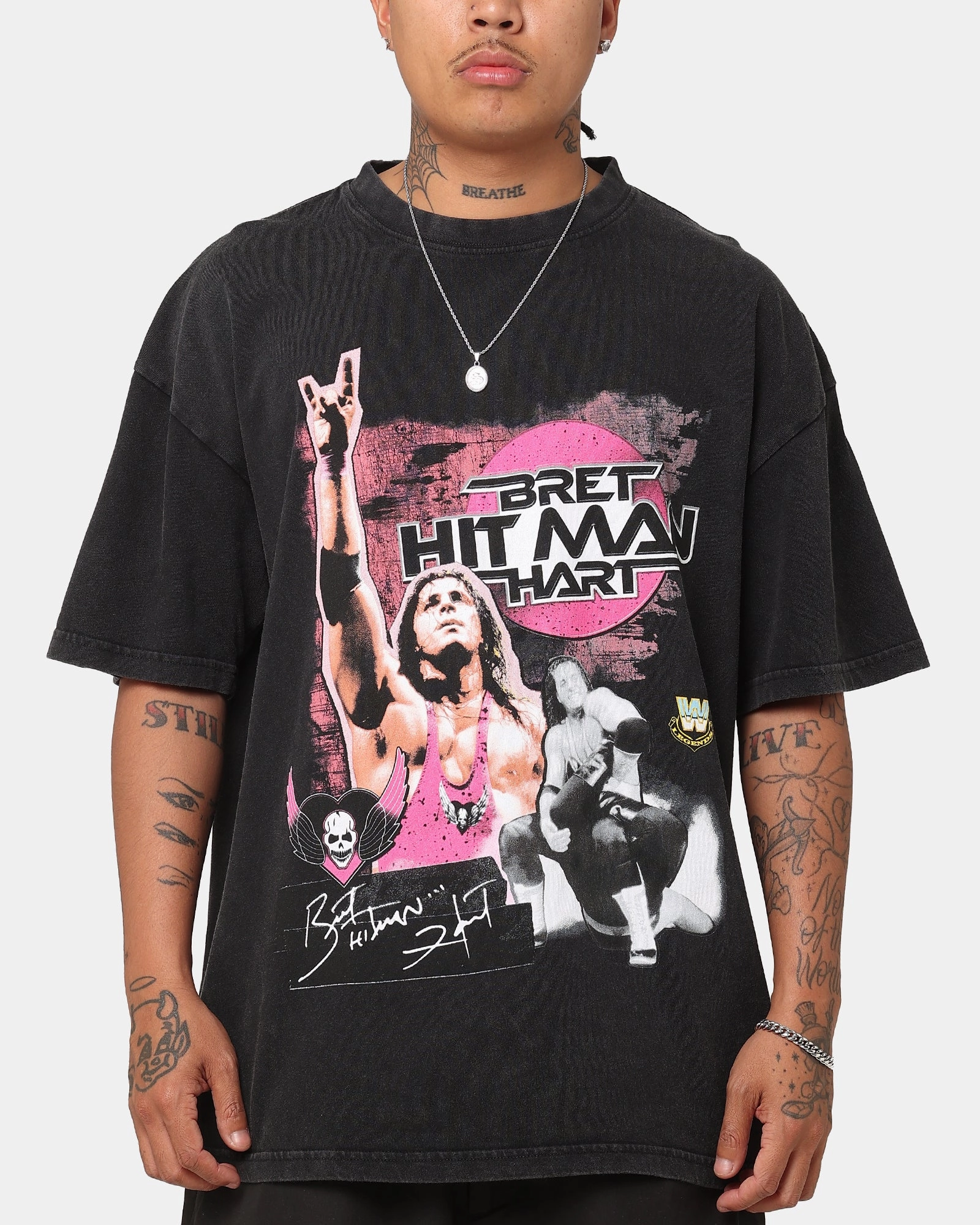 Culture Kings X WWE Bret "The Hit Man" Hart Vintage T-Shirt Black Acidwash Floral Print