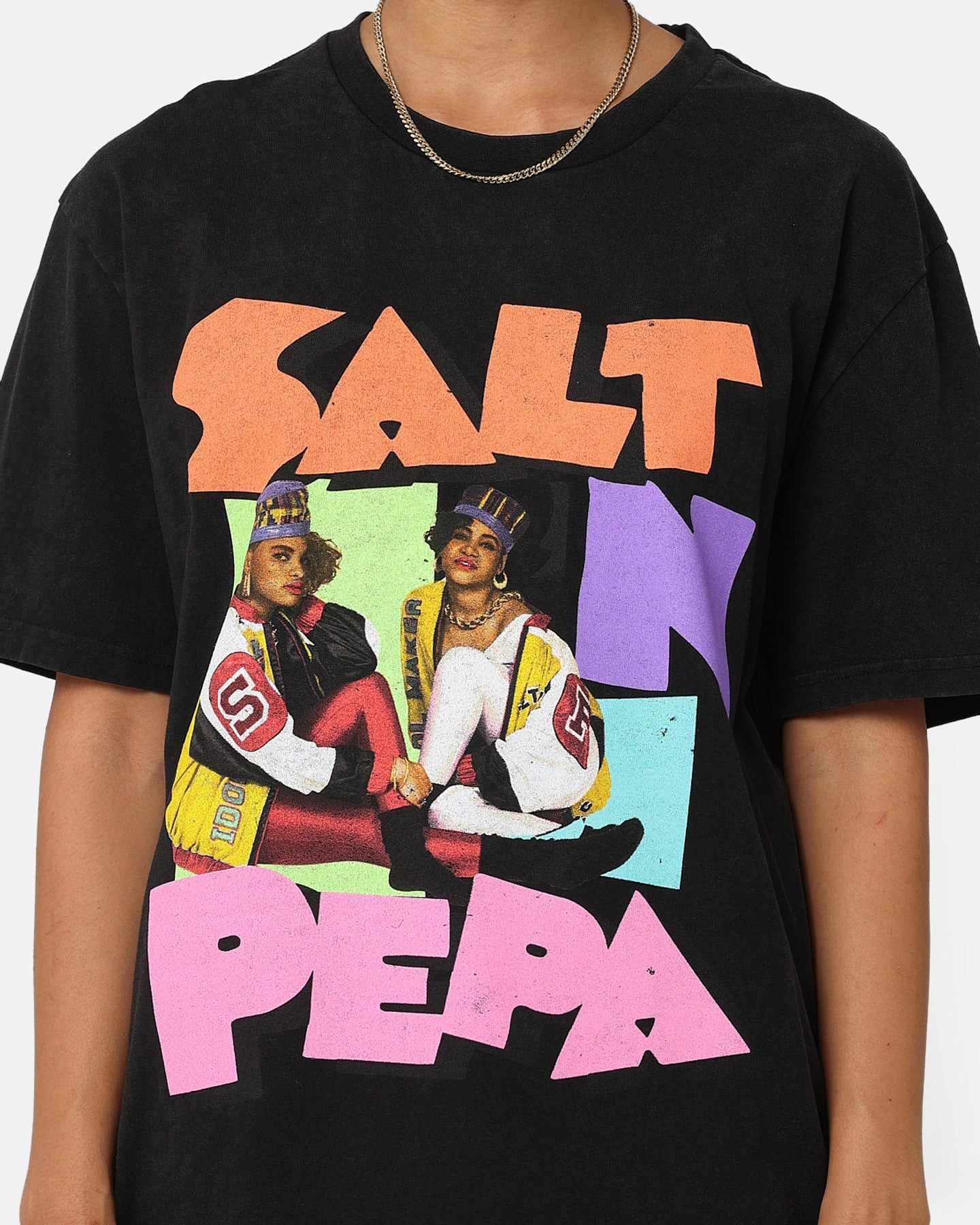 Salt N Pepa Retro Vintage T-Shirt Washed Black Ribbed Neckline