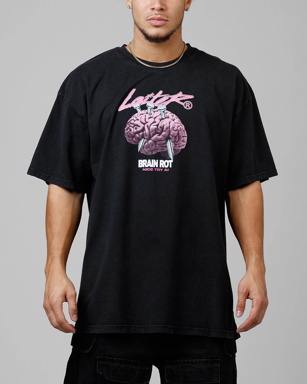 Loiter Brain Rot Vintage T-Shirt Black Acidwash Layered Look Wear Soft Touch Texture