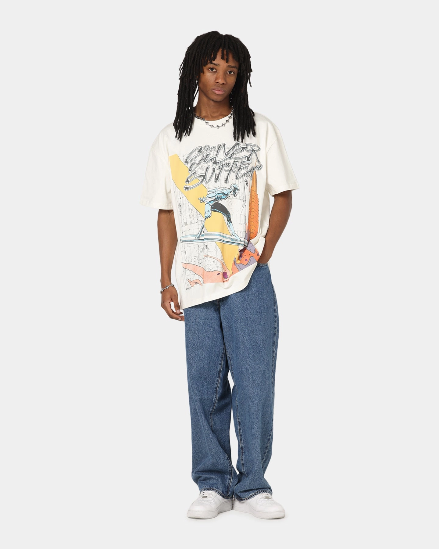 73 Studio Marvel Fantastic Four Silver Surfer Heavy T-Shirt Off White Versatile Fashion