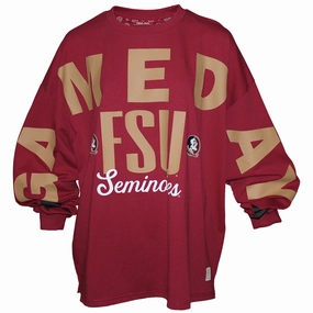 Layered Hem Detail Pressbox Women's FSU Seminoles/Seminole Logo Gameday Design Oversized Long Sleeve T-shirt - Garnet