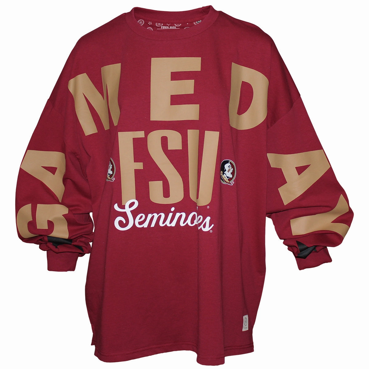 Layered Hem Detail Pressbox Women's FSU Seminoles/Seminole Logo Gameday Design Oversized Long Sleeve T-shirt - Garnet