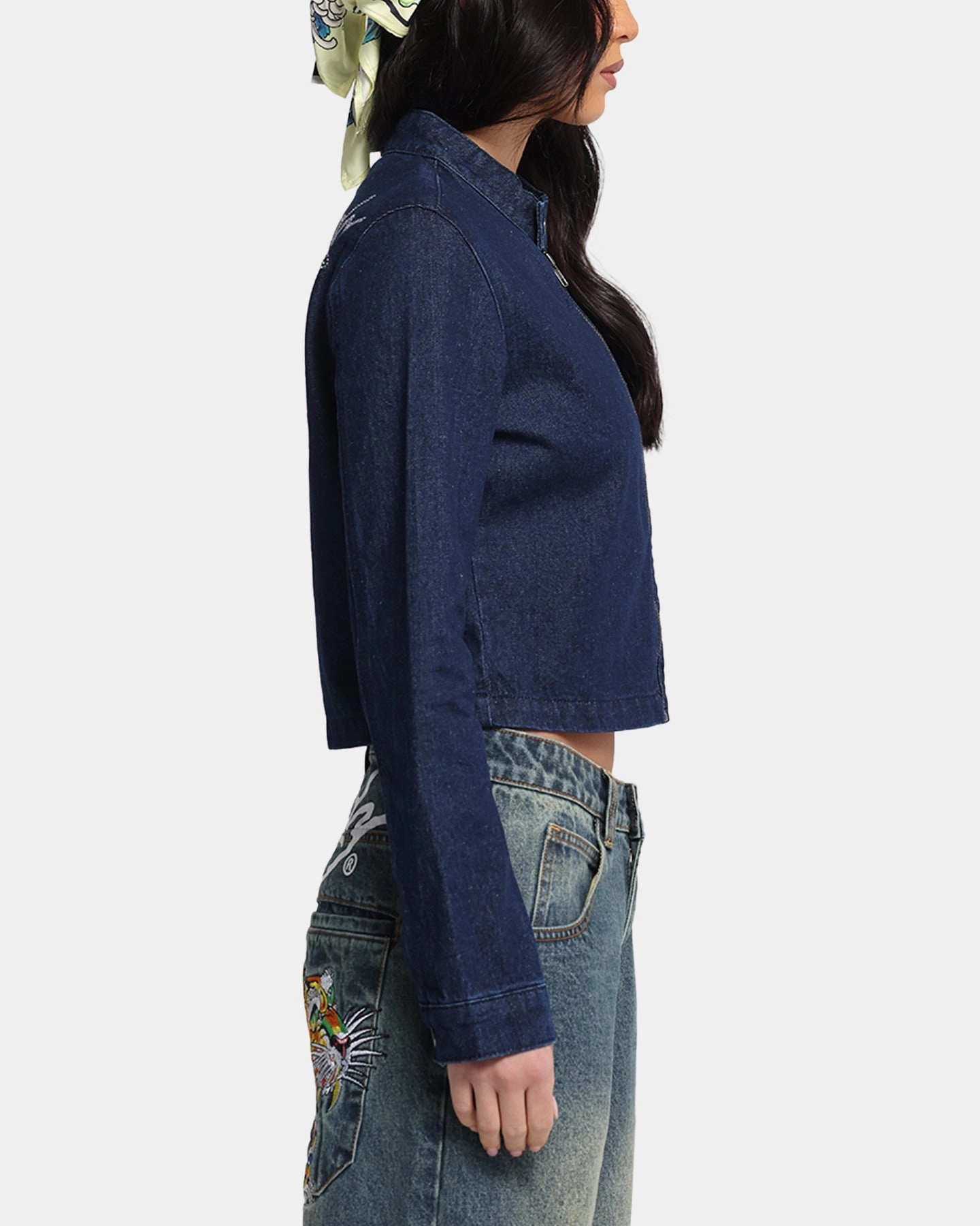 Ed Hardy Women's Cropped Denim Biker Jacket Indigo Denim Heritage