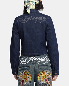 Stylish Warmth Weekend Vibe Ed Hardy Women's Cropped Denim Biker Jacket Indigo Denim