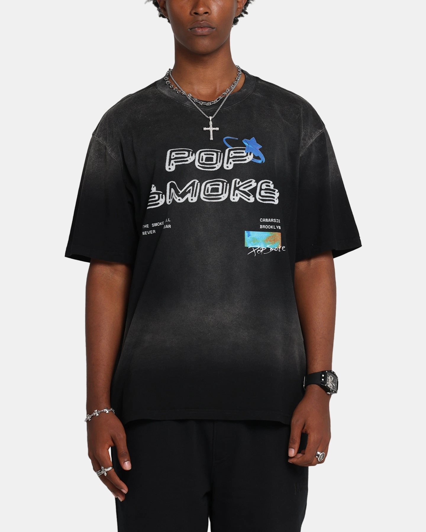 Scoop neck Easy Style Pop Smoke Never Clear T-Shirt Black Wash