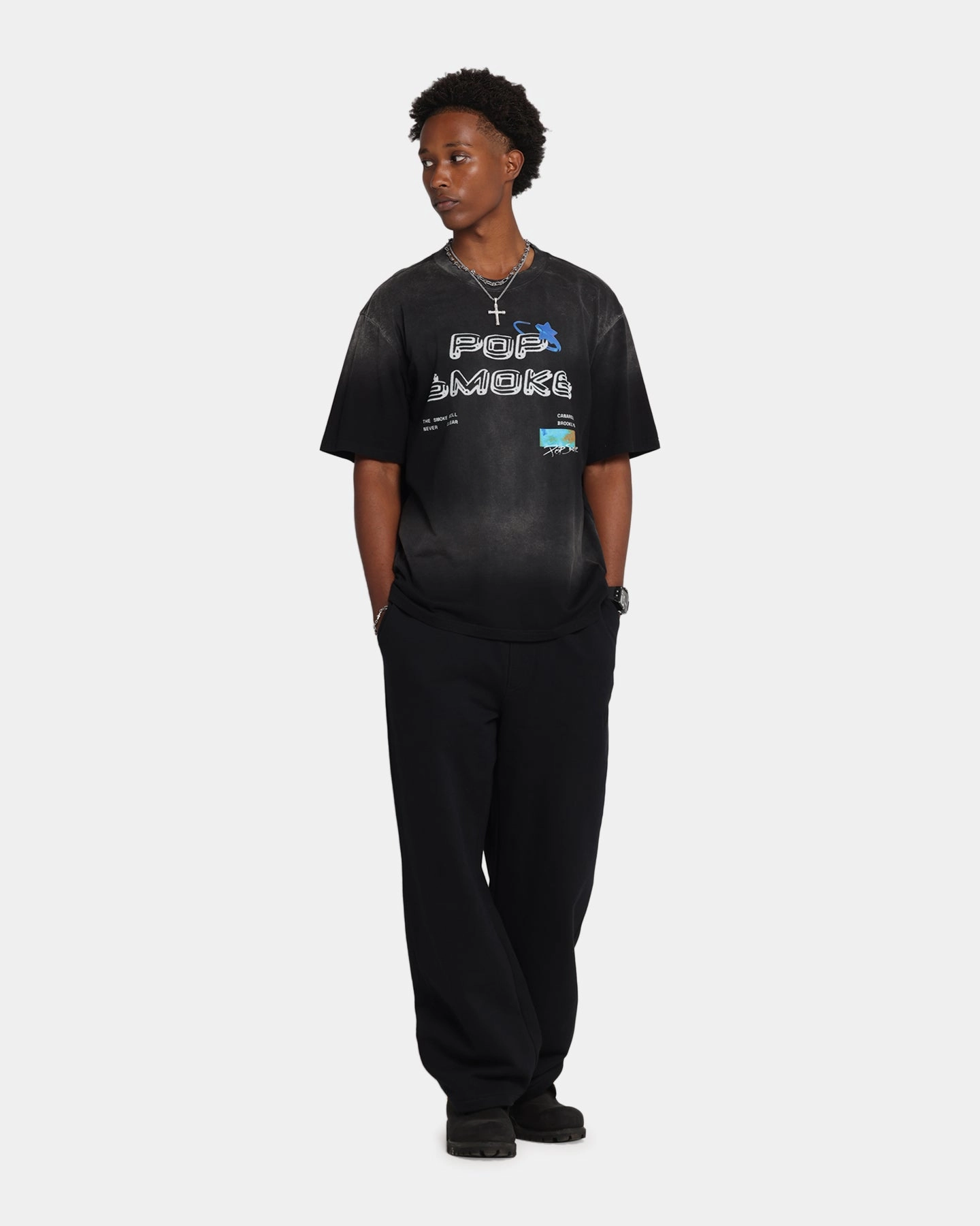 Curved Hem UV Protective Fabric Pop Smoke Never Clear T-Shirt Black Wash