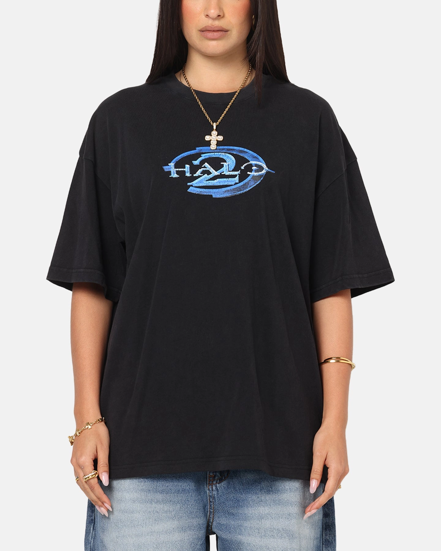 73 Studio X Halo Halo 2 Vintage T-Shirt Black Acidwash Outdoor Smart Men's masculinity