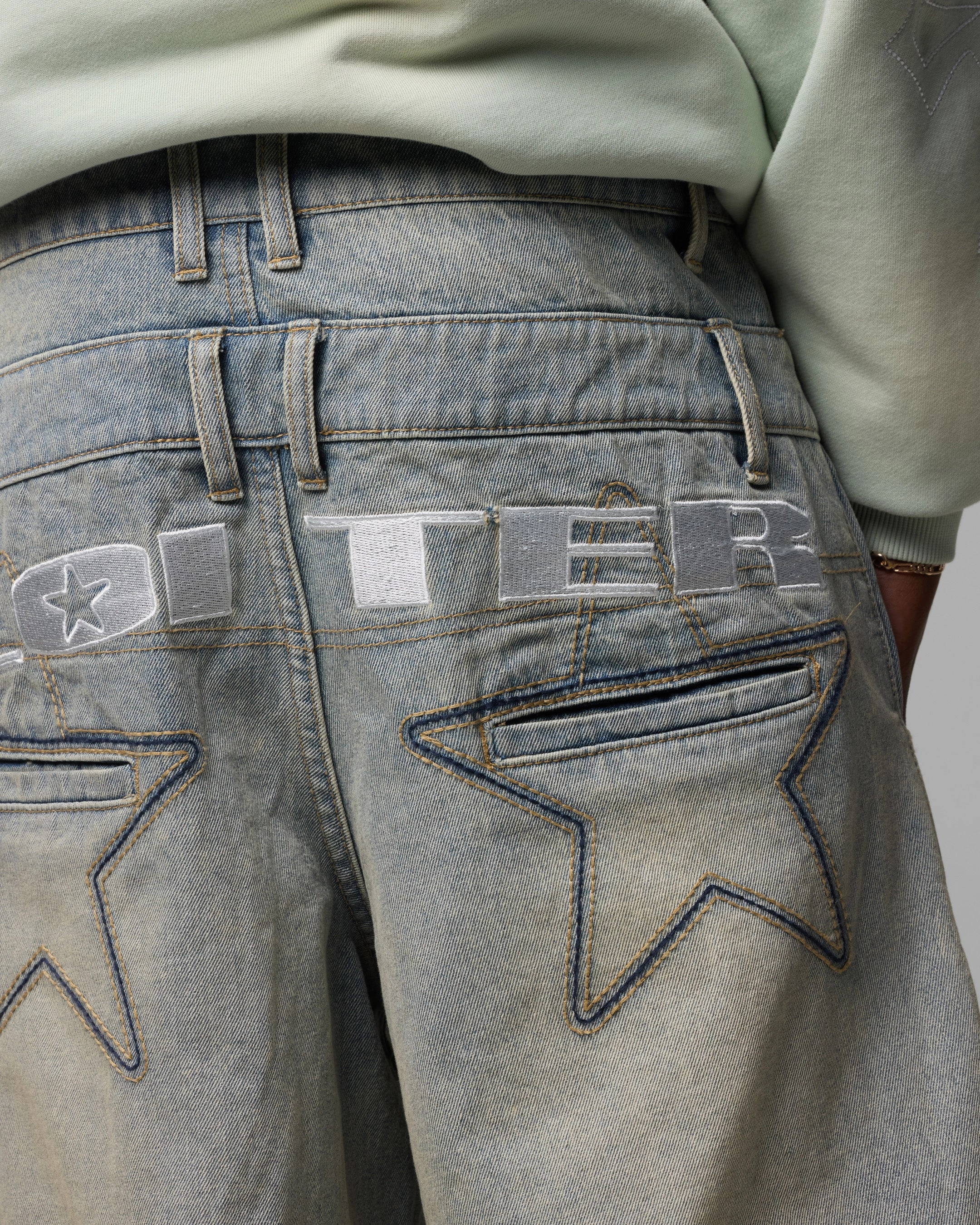 Stone Wash Finish Family Style Gym Ready Daily Wear Loiter Star Layered Jeans Washed Blue