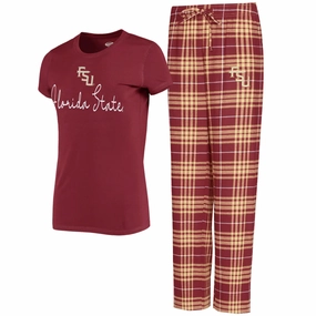 Comcept Sports Women's Florida State/Stacked FSU Logo T-shirt and Flannel Pant Sleep Set - Garnet/Gold Relaxed Armhole Cut