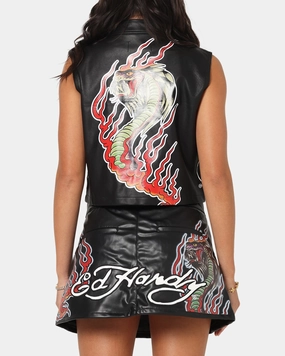 Ed Hardy Women's Vegan Leather Biker Vest Black Urban Edge Forest