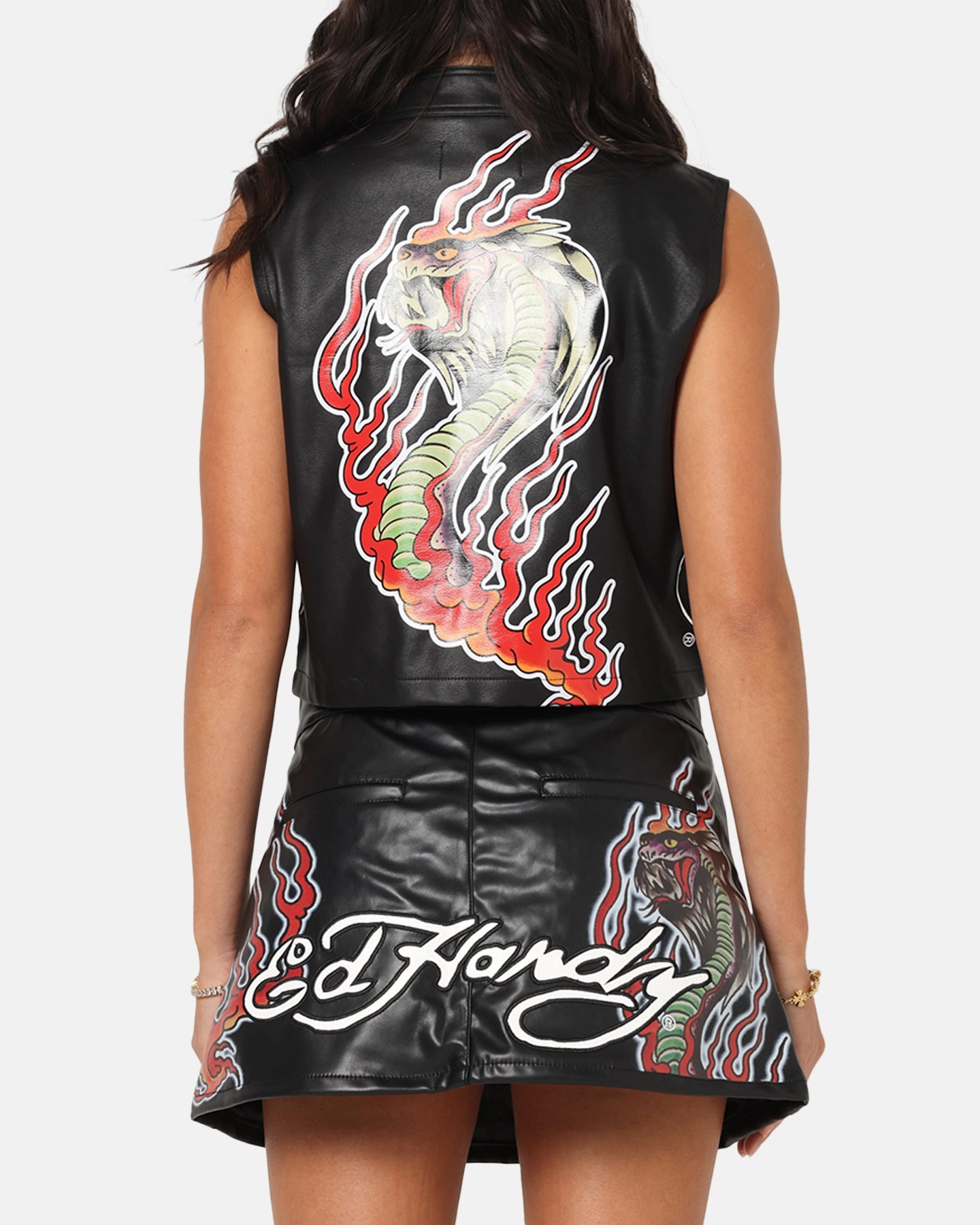 Ed Hardy Women's Vegan Leather Biker Vest Black Urban Edge Forest