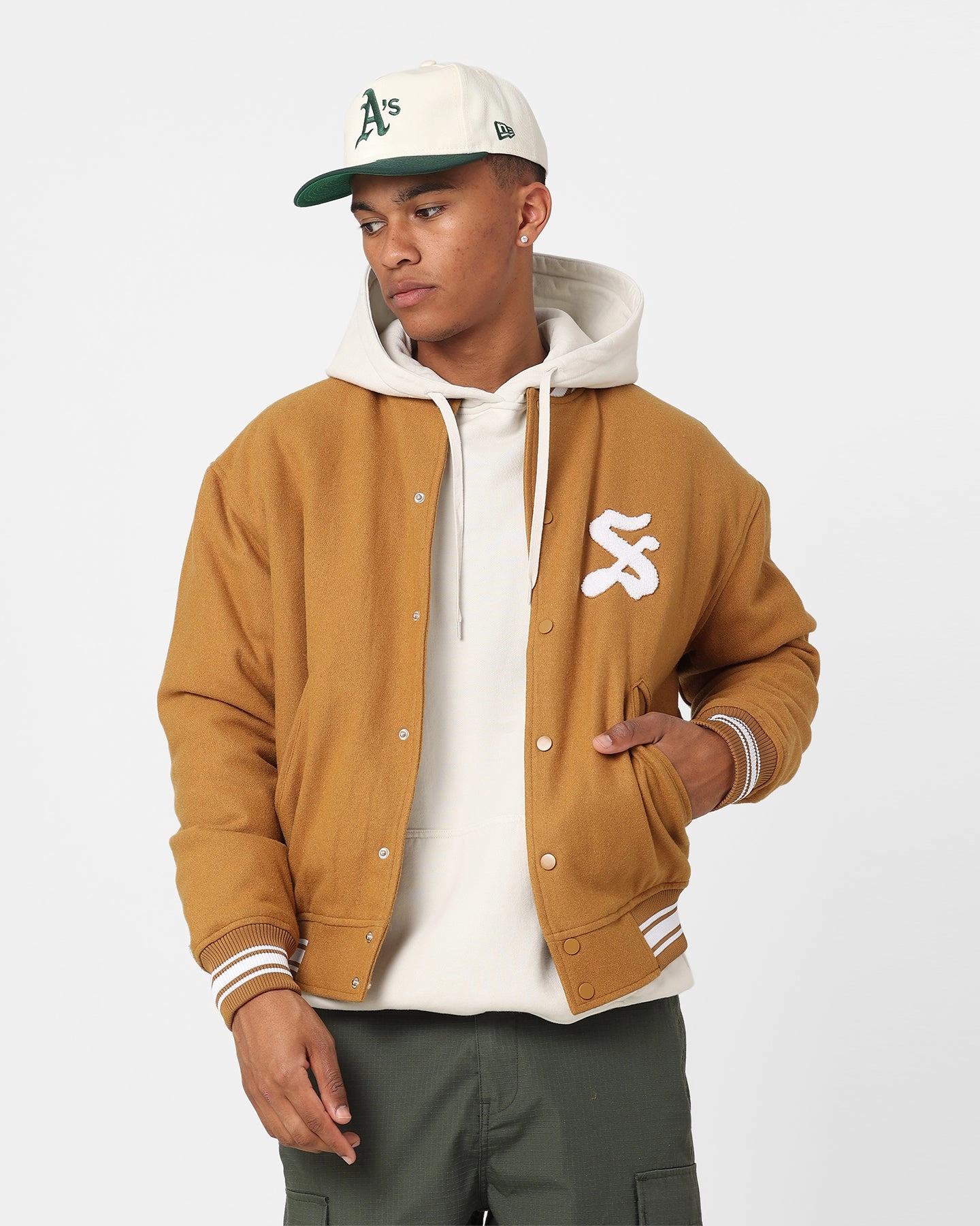 Stussy Varsity Jacket Khaki Earrings Flexible Zipper System