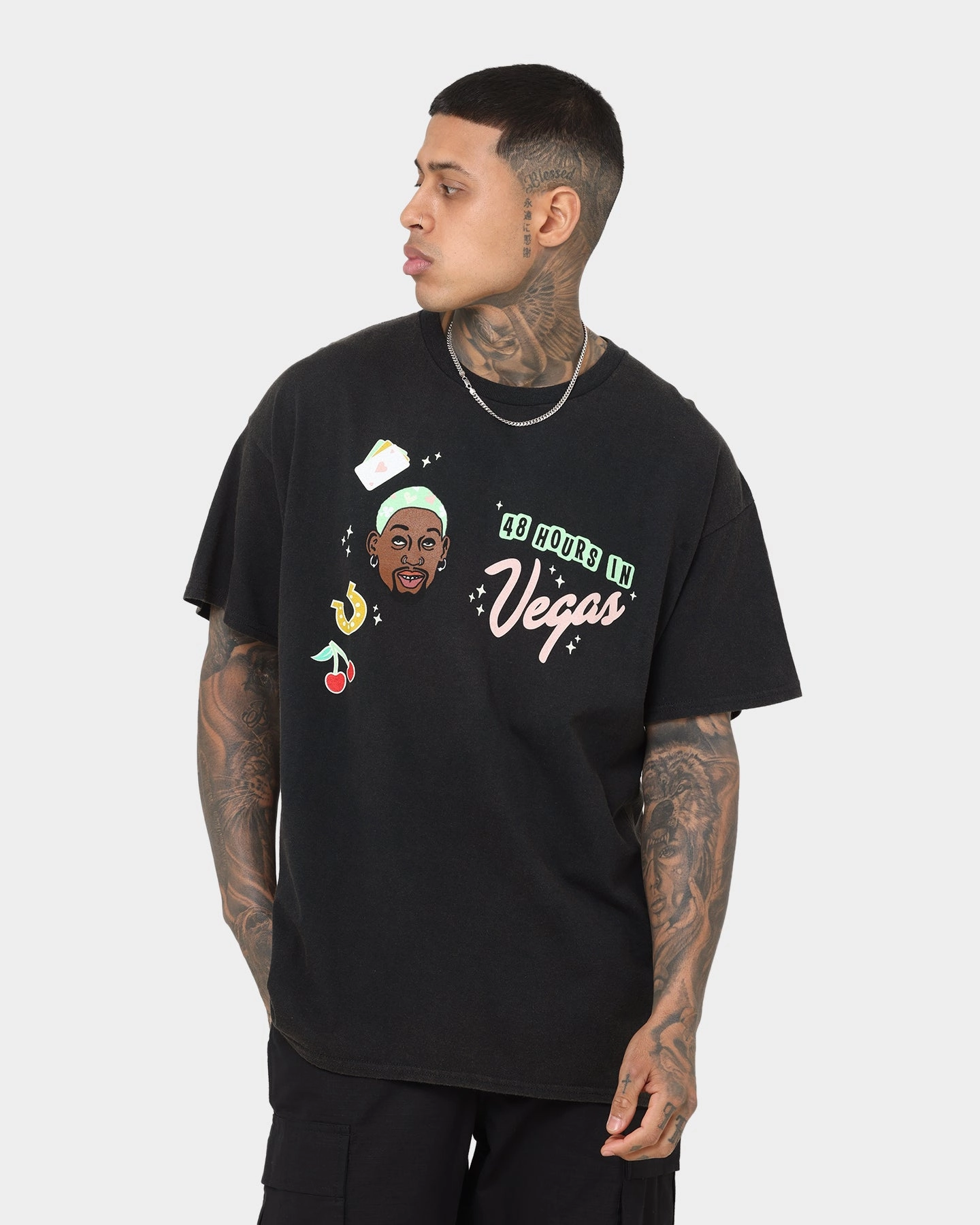 Rodman Brand 48 Hours In Vegas Vintage T-Shirt Black Wash Flexible Neckline Anti Shrinkage Treatment