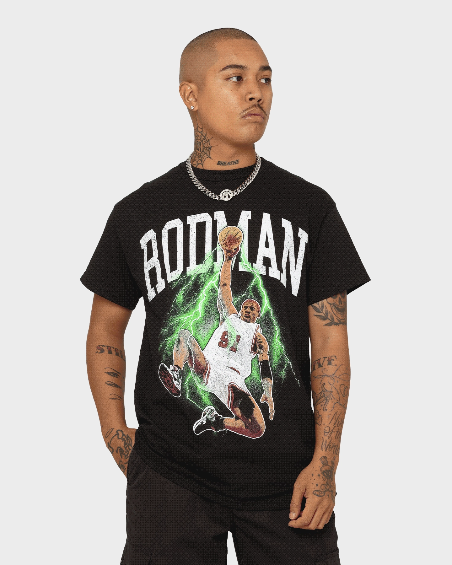 Rodman Brand Rodman Glow Dunk Vintage T-Shirt Black/Green Daily Trend Ribbed Collar Design