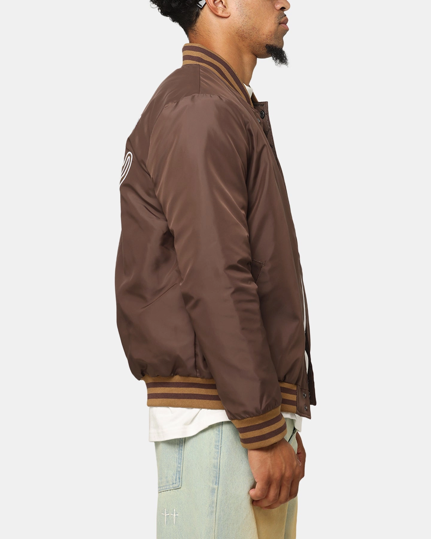 Button Snap Conversion Carre Team Puffer Varsity Jacket Brown