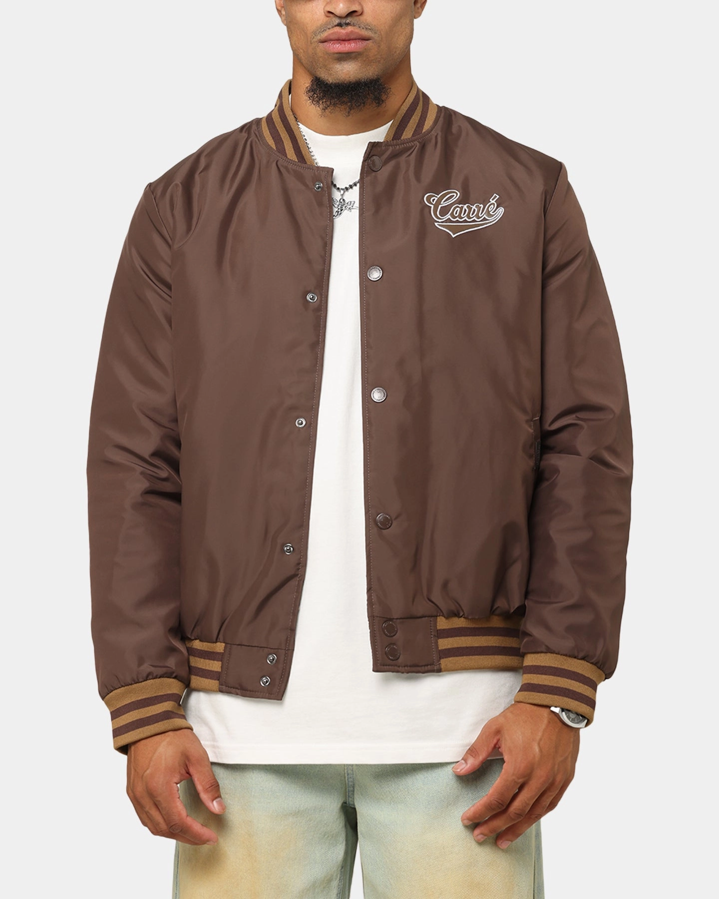 All Day Use Carre Team Puffer Varsity Jacket Brown