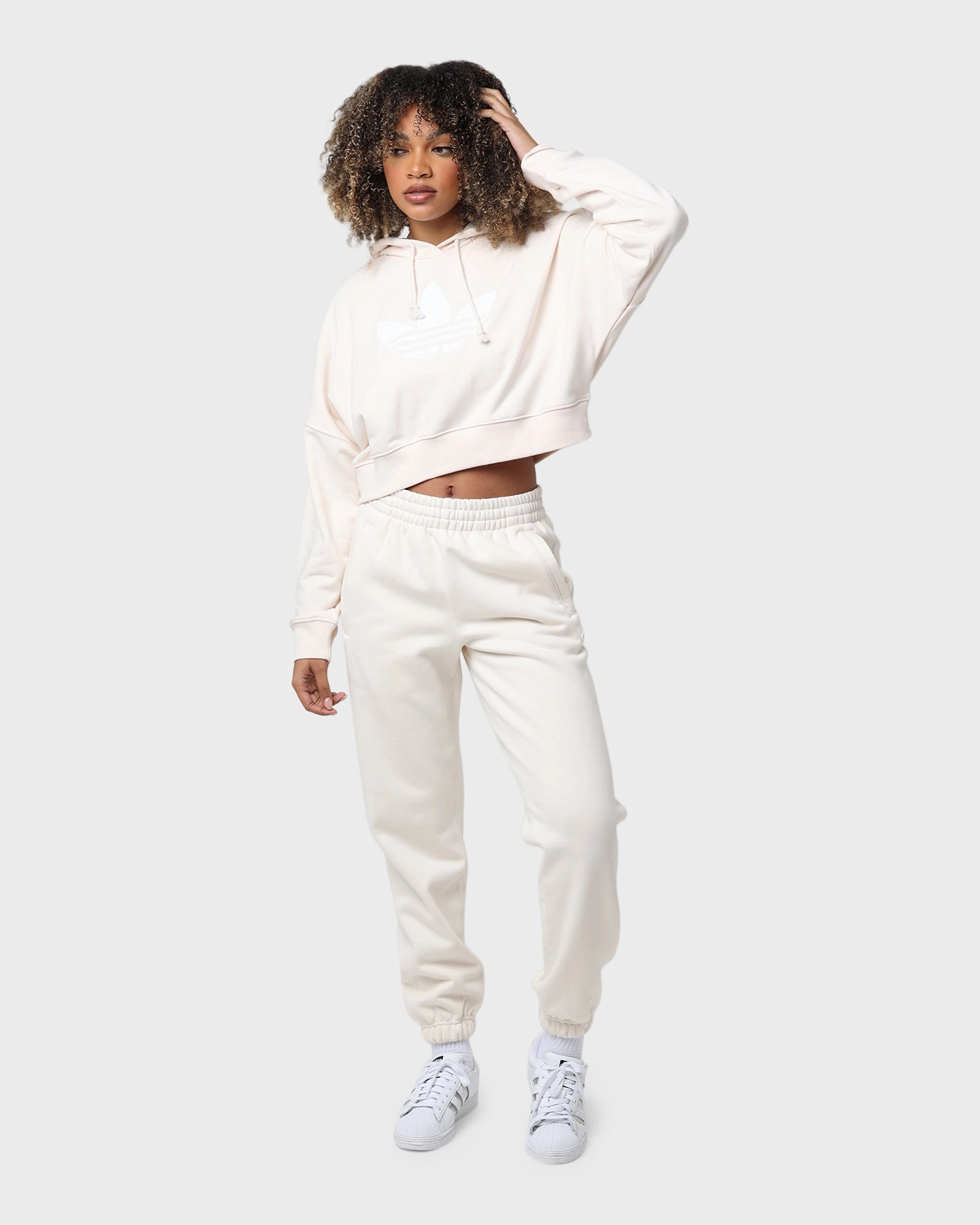 Adidas Women's Cropped Hoodie Wonder White ElasticWaistband