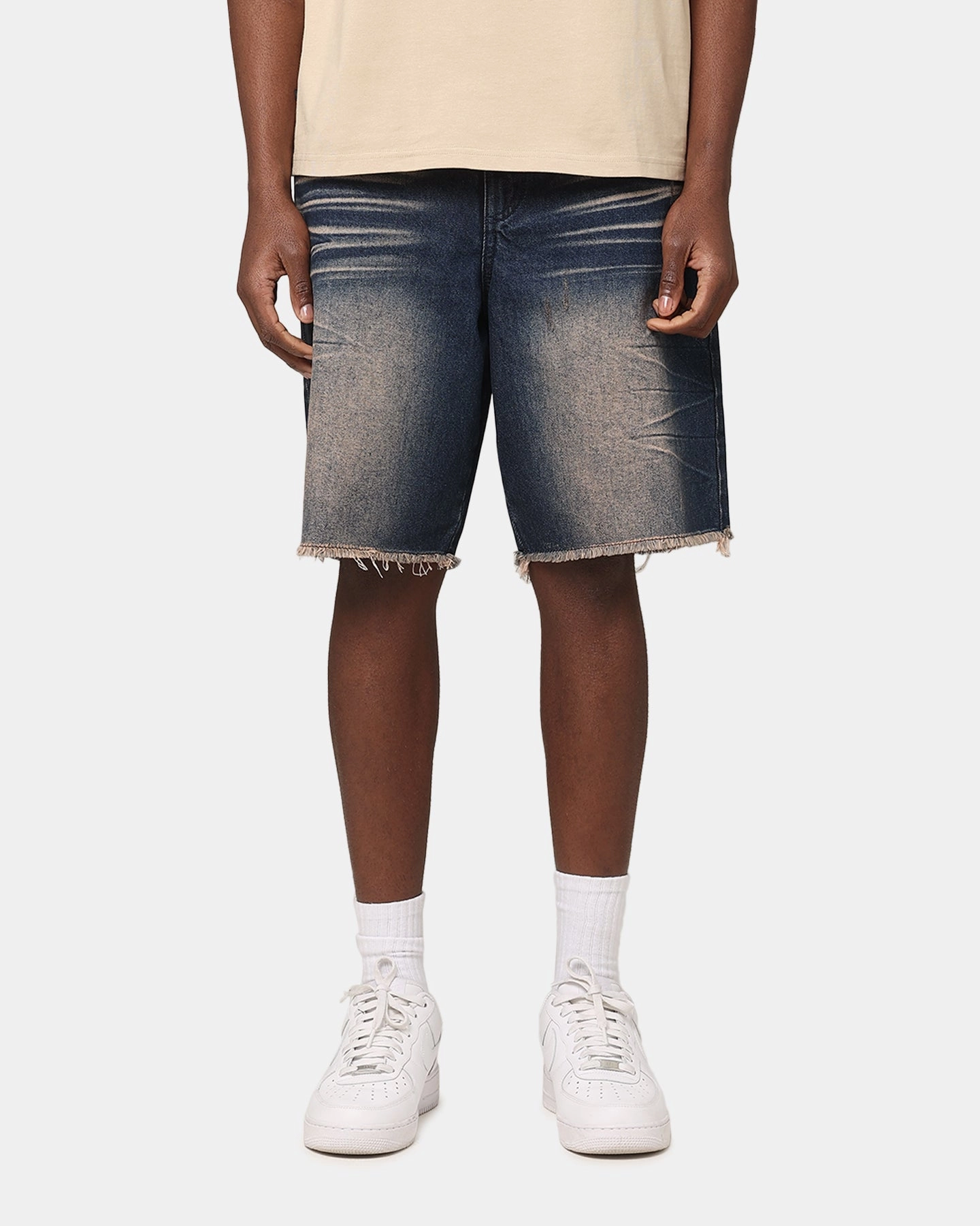 Saint Morta Baggy Denim Shorts Indigo Denim Leather Look