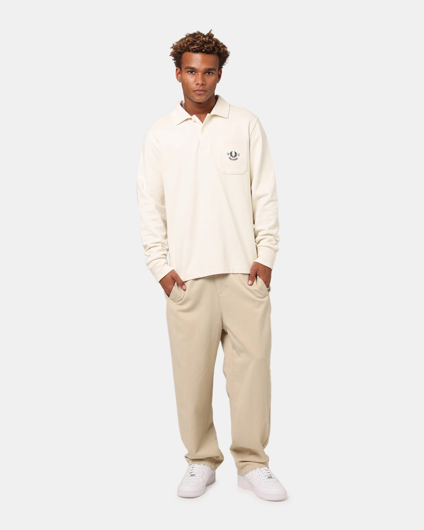 Fred Perry Embroidered Champion Collared Sweatshirt Ecru Trendy Prints Active Lifestyle