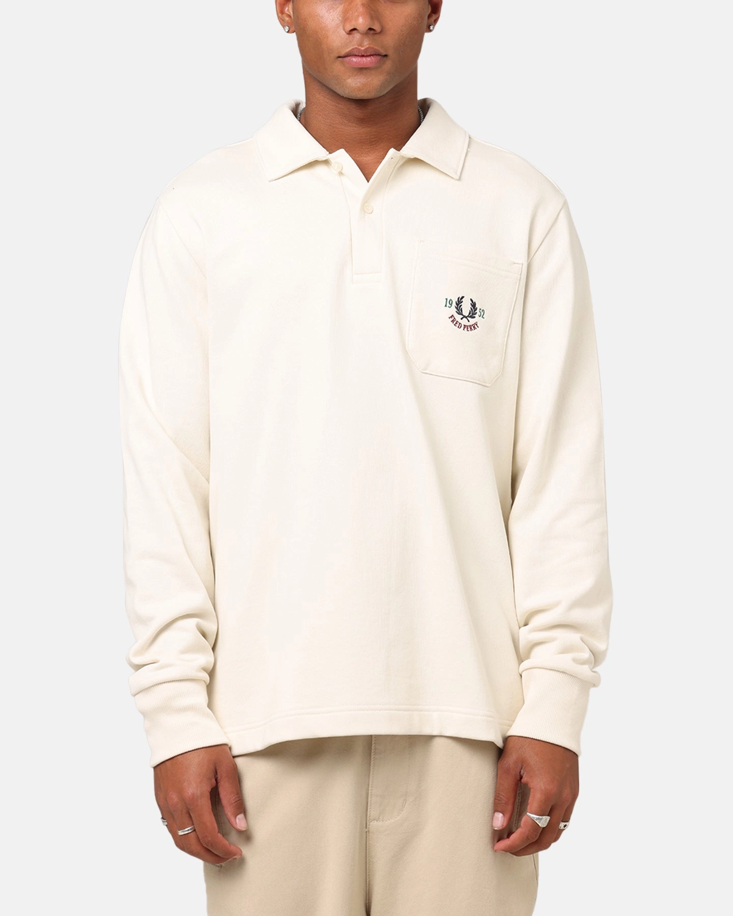 Dimensional Stability Weave Fred Perry Embroidered Champion Collared Sweatshirt Ecru