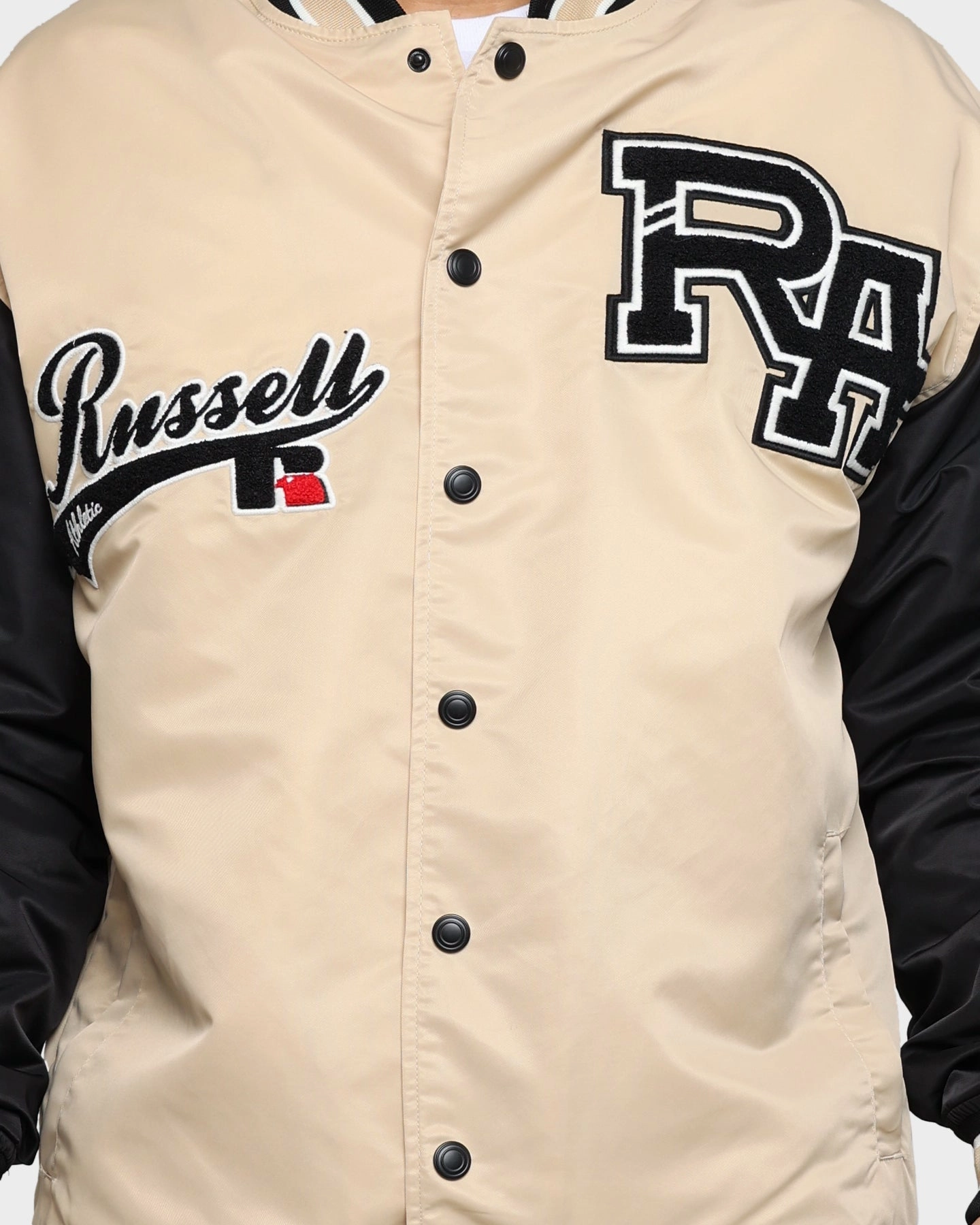 Russell Athletic Satin Varsity Badge Jacket Stone ThermalRetention StretchFit Fabric Technology