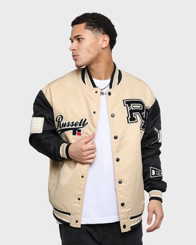 Russell Athletic Satin Varsity Badge Jacket Stone Quick Adjust Straps See