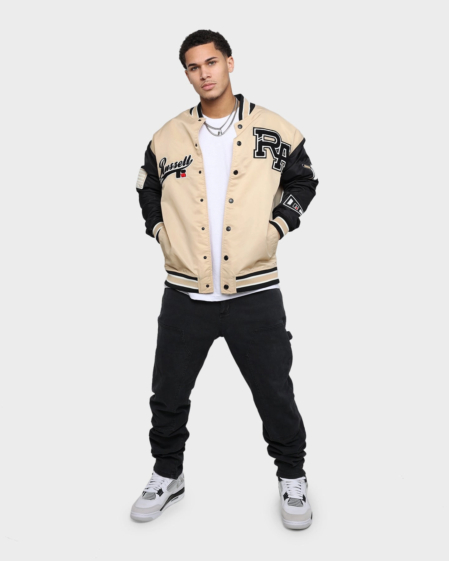Russell Athletic Satin Varsity Badge Jacket Stone Easy Zip
