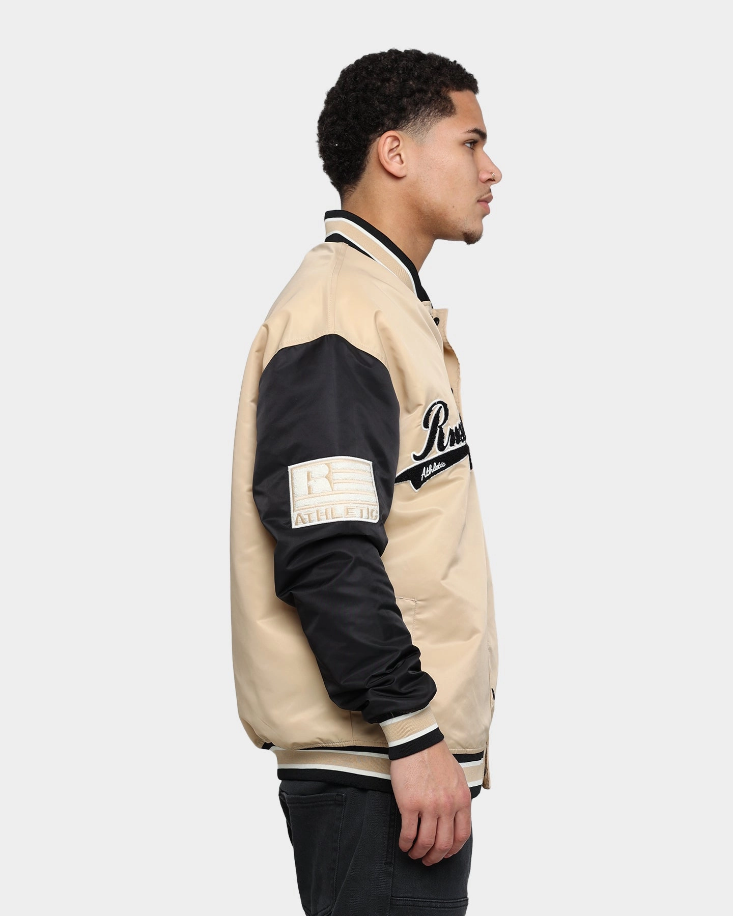 Russell Athletic Satin Varsity Badge Jacket Stone winter season Expandable Sleeve Cuffs