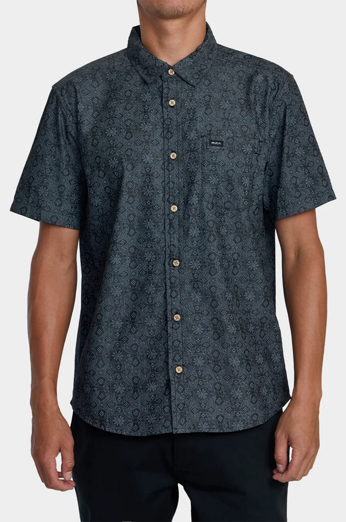 RVCA Frame Chambray Short Sleeve Woven Button Up Shirt Metallic Finish