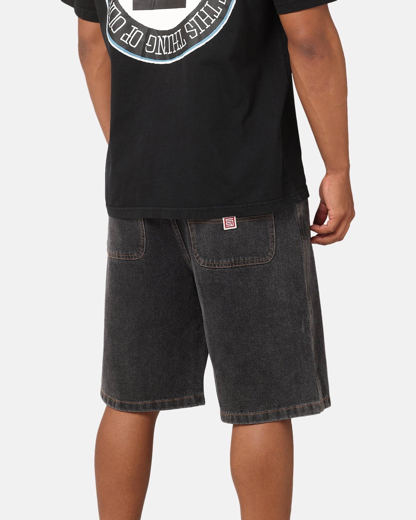 S Double Denim Standard Shorts Washed Black Playful Prints Stretch Fabric
