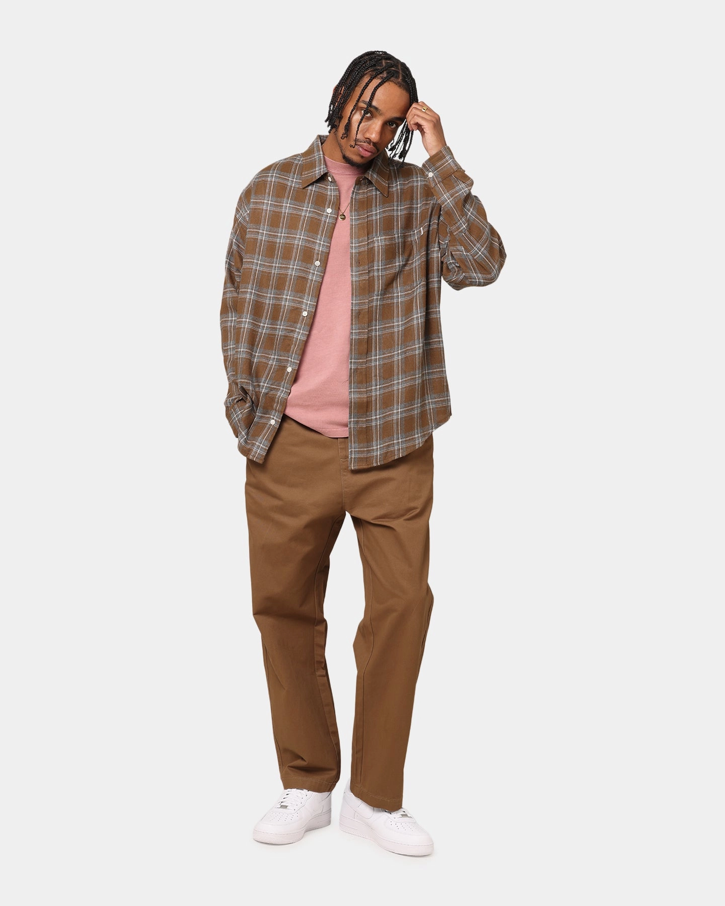 S Double Duty Plaid Long Sleeve Shirt Brown Distressed finish Special Occasion