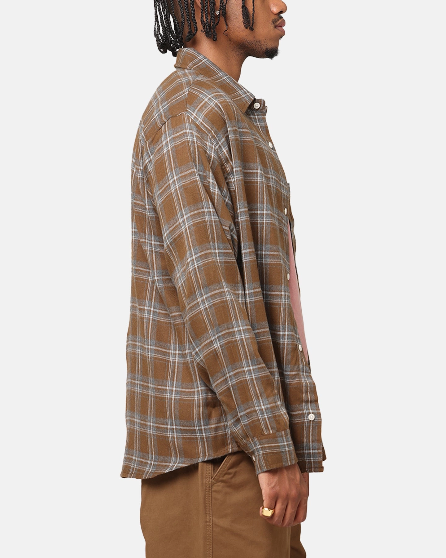 S Double Duty Plaid Long Sleeve Shirt Brown Resort Wear Lightweight Layer