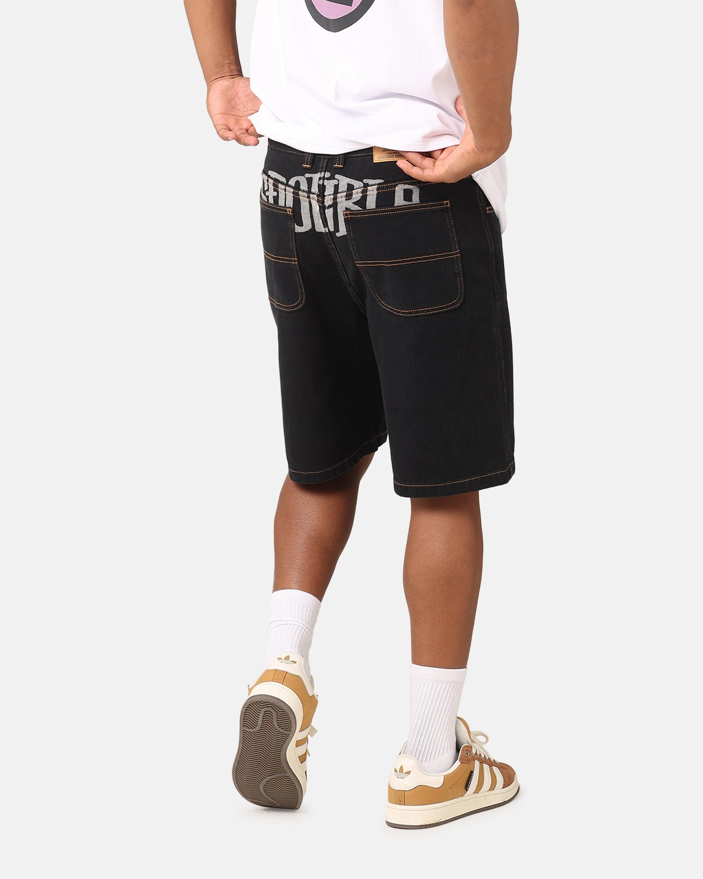 Stretchy Waist S Double Print Denim Standard Shorts Black