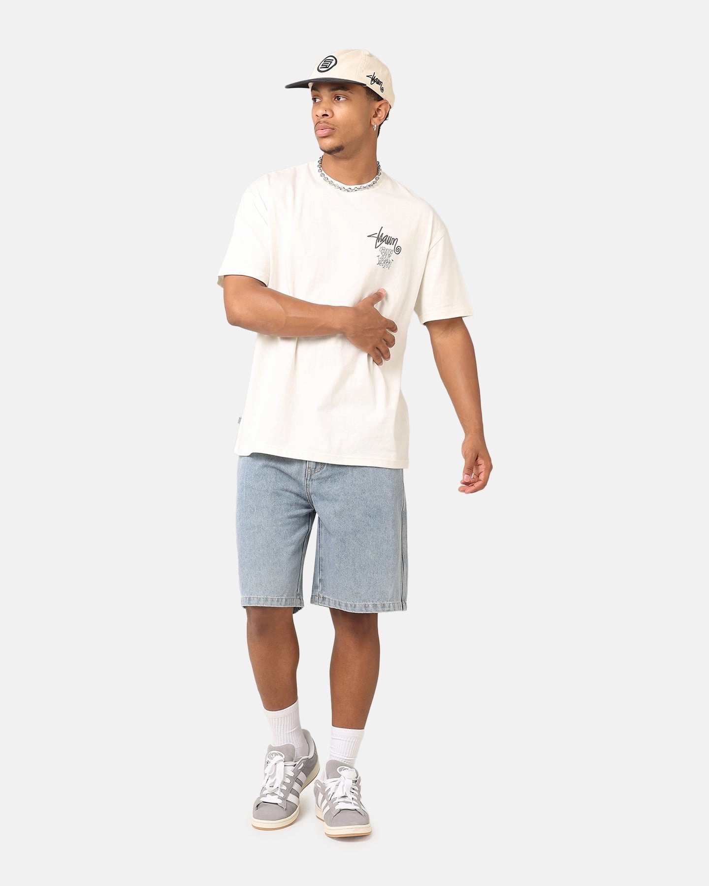 food industry S Double Print Denim Standard Shorts Light Blue
