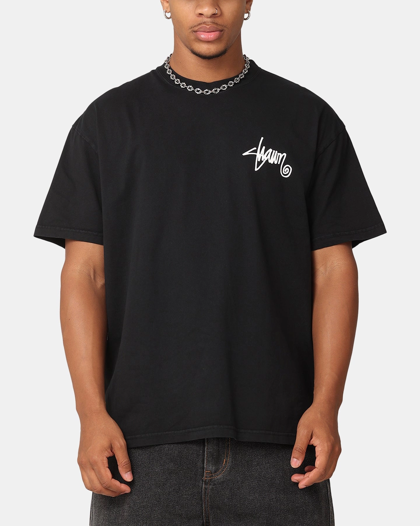 Midweight Knit Soft Texture S Double Roots Dot T-Shirt Washed Black